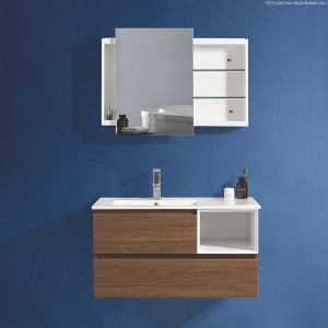 Moderni PVC- ja vanerikylpyhuonekaappi puunsyyvärilaatikoilla