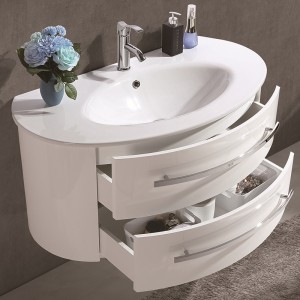Біла вигнута сучасна тумба для ванної кімнати з ПВХ, акрилова раковина та дзеркало