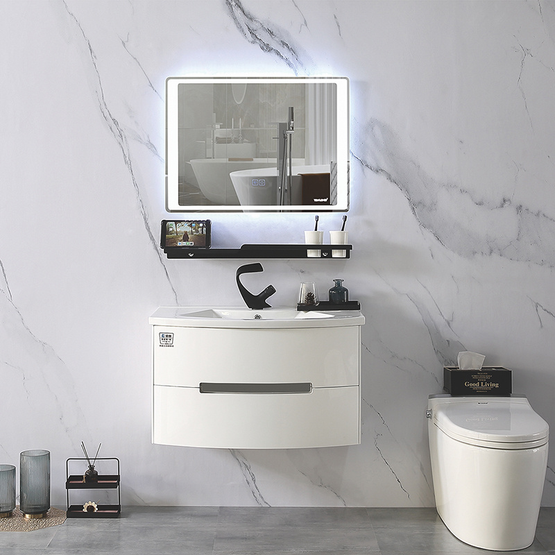 Бело заоблен модерен ПВЦ кабинет за бања LED огледало