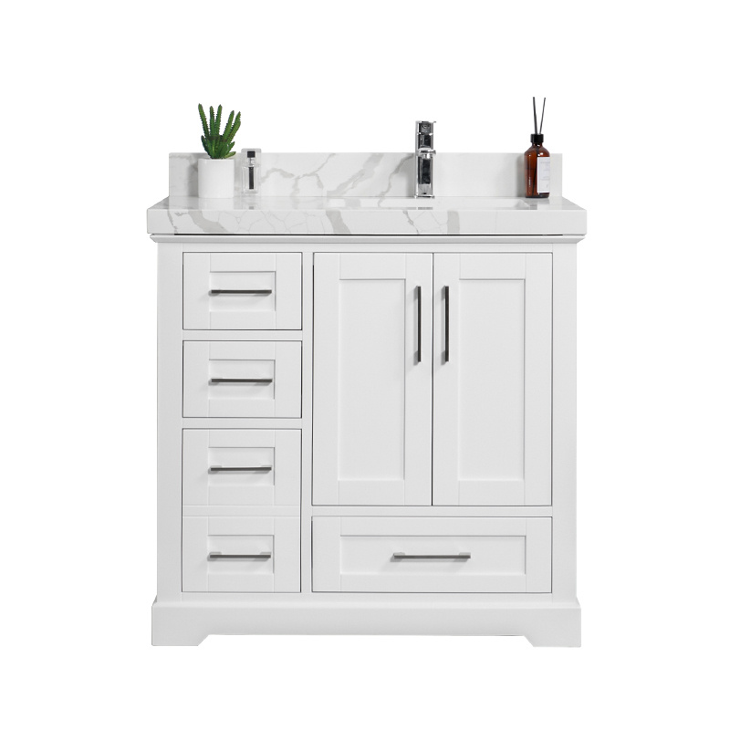 White Shaker Bathroom Cabinet With Quartz Countertop Featured Image