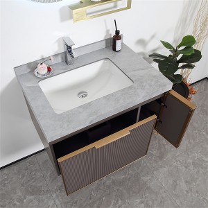 Lemari kamar mandi ukiran kayu solid modern dengan warna coklat, rak aluminium