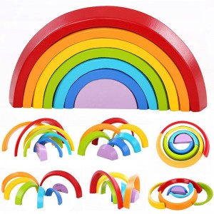 Best Selling Educational Montessori Toy Children 7 Pieces Wooden Rainbow Bridge Stacker Building Blocks for Kids
