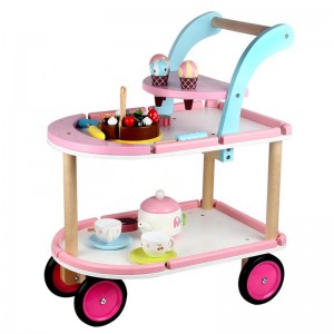 Educational Infant Learning Trolley Kids Pretend Play Cart Toy Ice Cream Shop Truck Toy Mini Wooden Walker Trolley Kitchen Set