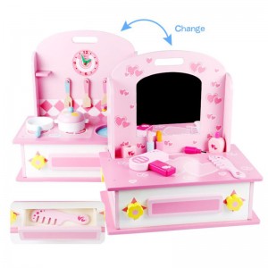Wooden Kids 2-in-1 Pretend House Play Set Toy Girl Makeup Toys and Kitchen Set Toys Cooking Utensils and Dressing Table Toy