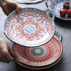 Bohemian Double-ear Plate Retro Ceramic Dish Plate Tableware លក់ដុំ