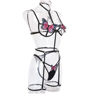 Wholesale Sexy Hollow Butterfly Women Three-piece Lingerie With Garter