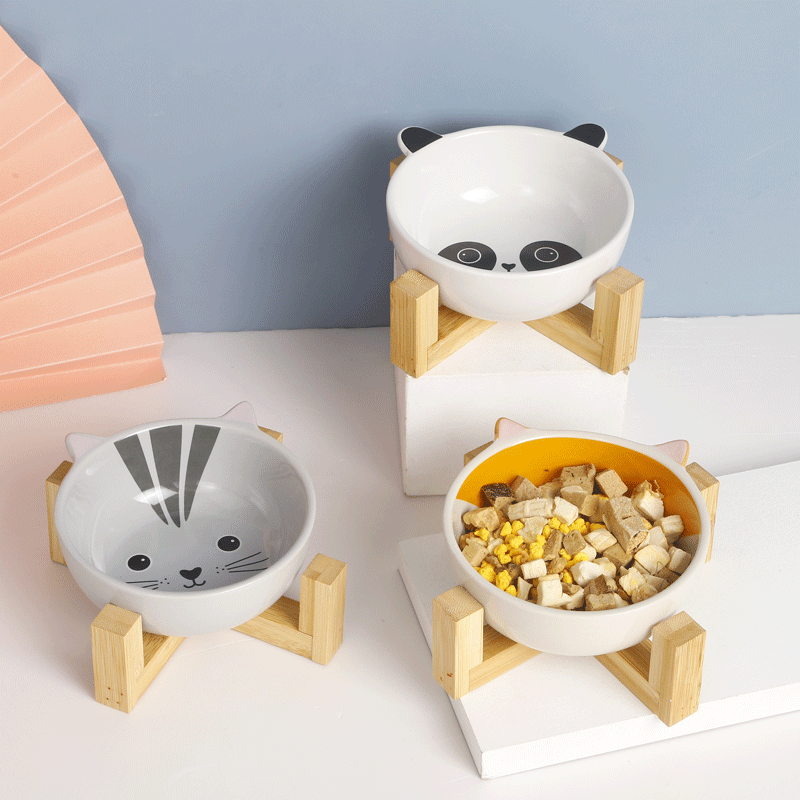 8 Year Exporter Herramientas y ferretería - Cartoon Binaural Ceramic Pet Bowl Wooden Shelf Dog Bowl Cat Bowl – Sellers Union