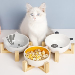 Cartoon Binaural Ceramic Pet Bowl Wooden Shelf Dog Bowl Cat Bowl