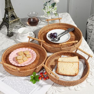 3Pcs Rattan Storage Tray Basket Hand-Woven Wicker Fruit Food Basket