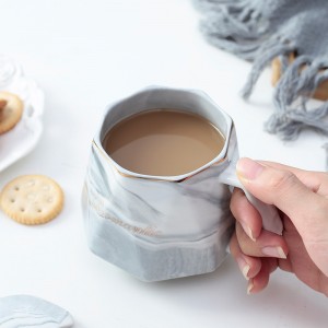 Marbled Ceramic Mug with Gold Rim Geometric Coffee Cup