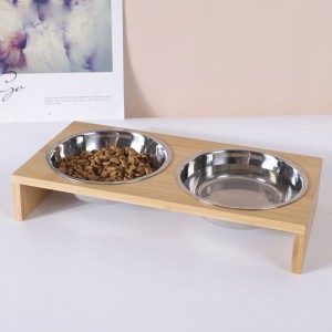Ceramic Pet Bowl Wooden Shelf Cat Bowl Dog Bowl Double Bowl Wholesale