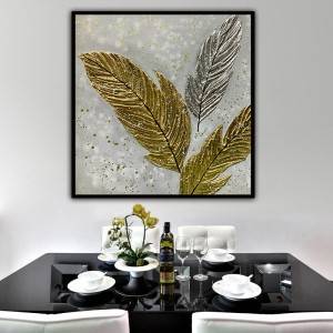 Pintura al óleo hecha a mano, plumas doradas, decoración del hogar, decoración de pared