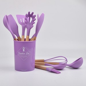 12 Pieces Silicone Kitchen Accessories Cooking Tools Kitchenware Utensils With Wooden Handles Wholesale