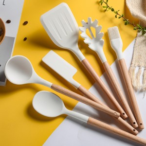 Milky White Wooden Handle Silicone Kitchenware Set 10-piece Kitchenware