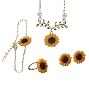 Froulju Fashion Pearl Sunflower Hanger Ketting Armband Earrings Ring Jewelry Set Wholesale