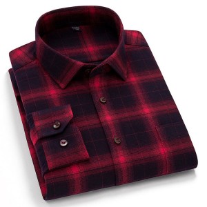Factory Customized Large Size High Quality Autumn Casual Dark Plaid Pattern Men’s Full Length Sleeve Red Plaid Shirt