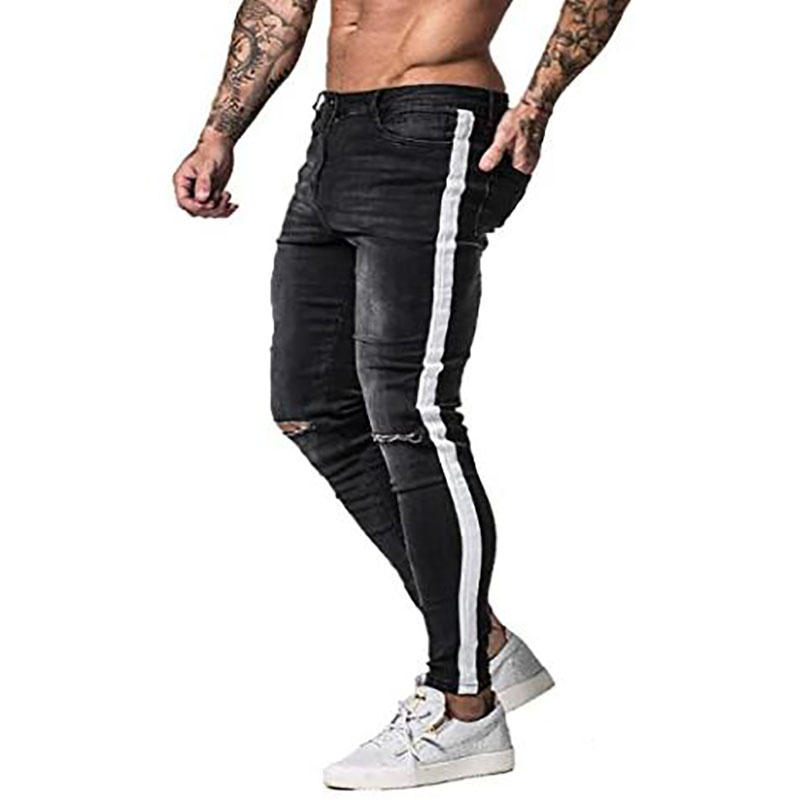 OEM Supply High Waist Black Jeans For Women - White Side Stripe Slim Fit Stretch Black Ripped Men’s Jeans – Yulin