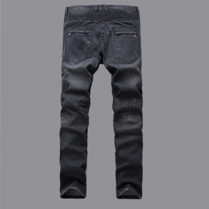 Fashionable jeans light color pleated slim straight zipper trim motorcycle jeans for men