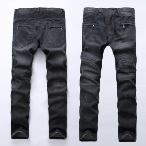 Fashionable jeans light color pleated slim straight zipper trim motorcycle jeans for men