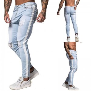 Fashion Ripped Jeans Side White Stripes Ripped Holes Blue Large Size Men’s Jeans