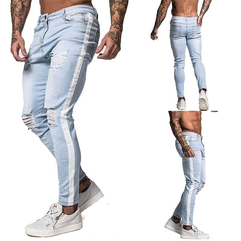 Chinese wholesale Mens Vintage Ripped Jeans - Fashion Ripped Jeans Side White Stripes Ripped Holes Blue Large Size Men’s Jeans – Yulin