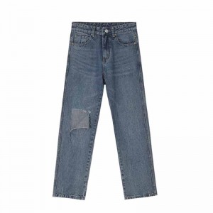 Straight pants snow washed large holes simple men’s jeans
