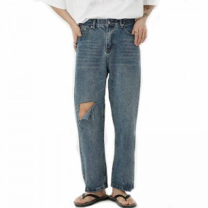 Straight pants snow washed large holes simple men’s jeans