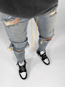 Men’s Jeans Slim Fit Ripped Feet Pants Hole Lacquer Dot Print Jeans Men