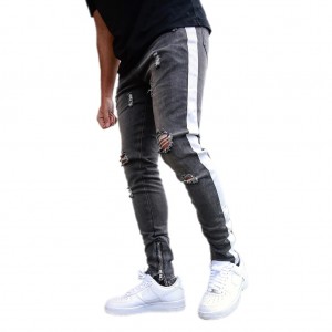 High quality fashion jeans men dark side white stripe slim denim trousers ripped jeans men