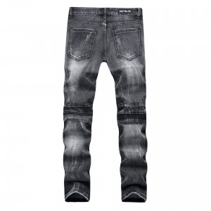 Black and grey jeans high street ripped zipper trim slim fit stretch men’s trousers