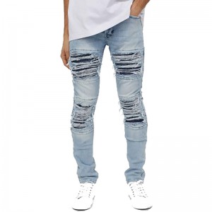 Super Purchasing for China New Men′s Clothing Denim Men′s Jeans Nice Light Blue Color High Quality Top Sale Ripped Jeans Spliced Wholesale Jeans Biker Moto Men Jeans Slim Fit Jeans Man