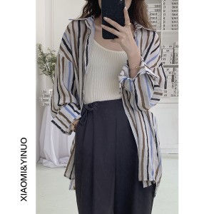 2022 Factory Customized New Plus Size Women’s Fashion Loose Stand Collar Striped Shirts