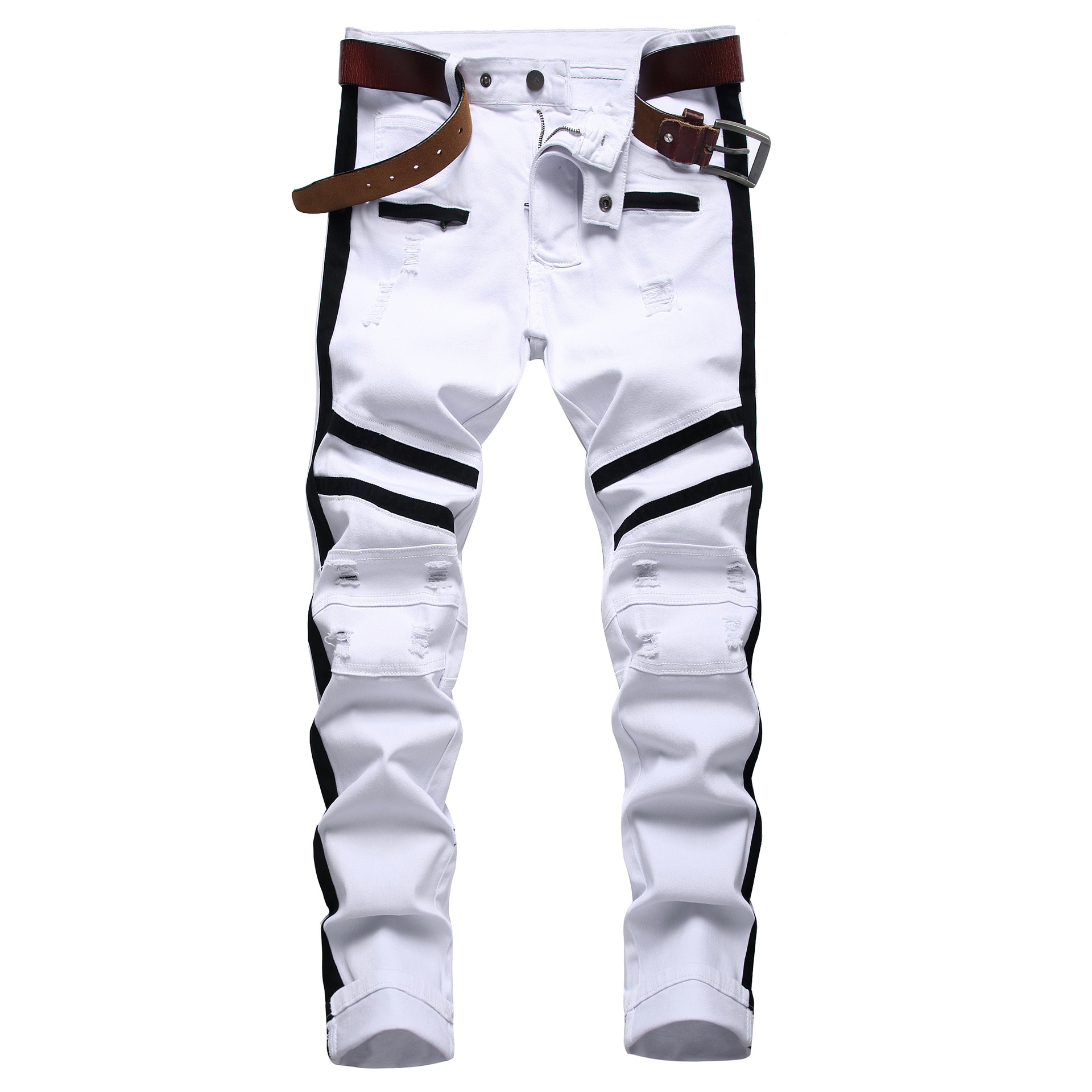 Hot Sale for High Rise Relaxed Fit Jeans - White Zip Jeans Black Trim Stretch Ripped Men’s Casual Jeans Trousers – Yulin