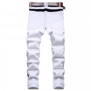 White Zip Jeans Black Trim Stretch Ripped Men’s Casual Jeans Trousers