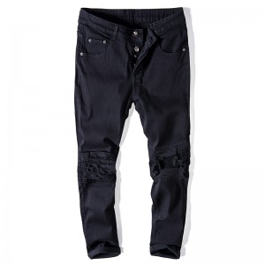Fashion trend pencil pants hole in the patch wash button fly jeans wrinkled men’s jeans