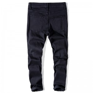 Fashion trend pencil pants hole in the patch wash button fly jeans wrinkled men’s jeans