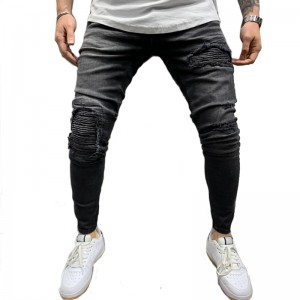 2021 new product fashion high quality wrinkled ripped knee slant pocket black men’s biker jeans