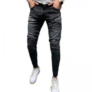 2021 new product fashion high quality wrinkled ripped knee slant pocket black men’s biker jeans