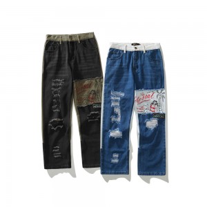 High quality graffiti print ripped jeans men’s contrast stitching loose straight high street denim trousers