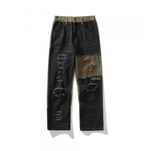 High quality graffiti print ripped jeans men’s contrast stitching loose straight high street denim trousers