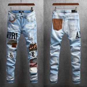 men’s printed jeans blue high quality stretch patch stitching high street skinny jeans