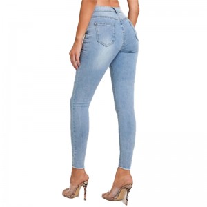 Custom Wash Long Pants High Waisted Skinny Ripped Raw Hem Women Jeans