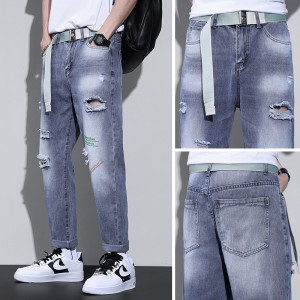 China Wholesale China 2022 Men Printed Straight Washed Broken Hole Design Baggy Trousers Custom Jeans for Men