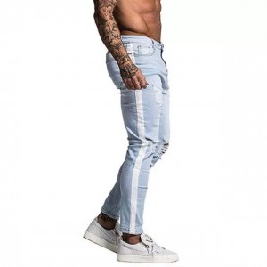 Fashion Ripped Jeans Side White Stripes Ripped Holes Blue Large Size Men’s Jeans