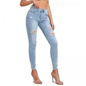 Custom Wash Long Pants High Waisted Skinny Ripped Raw Hem Women Jeans
