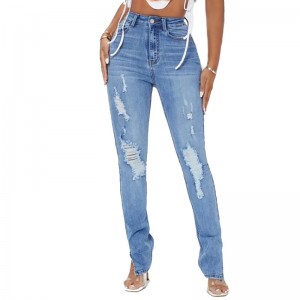 High Waist Skinny Denim Ladies Jean Pants Ripped Hole Split Hem Women Jeans
