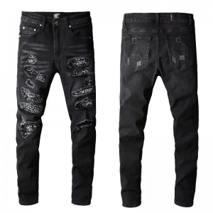 men’s black jeans with frayed patches personality skinny skinny pants