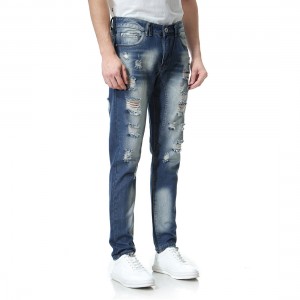 New European and American men’s white washed ripped men’s jeans