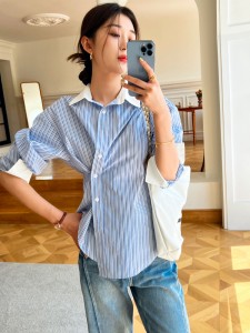 2022 factory custom new plus-size women’s fashion blue and white striped shirt