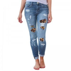 2022 New European and American Leopard Print Ripped Patch Stretch Ladies Jeans